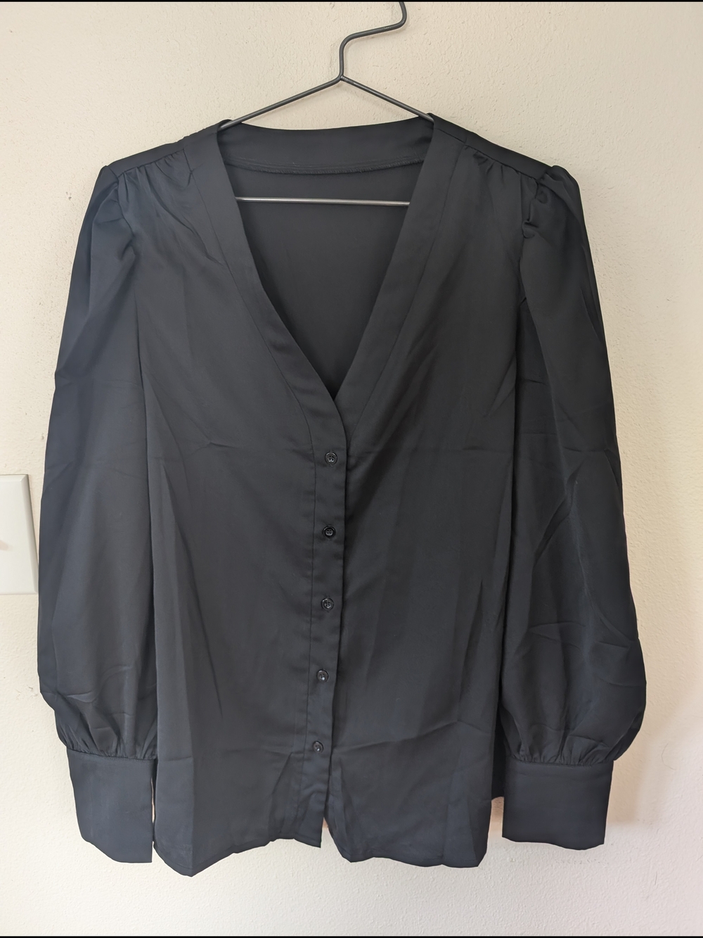 Black V-Neck Button Front Puff-Sleeve Blouse